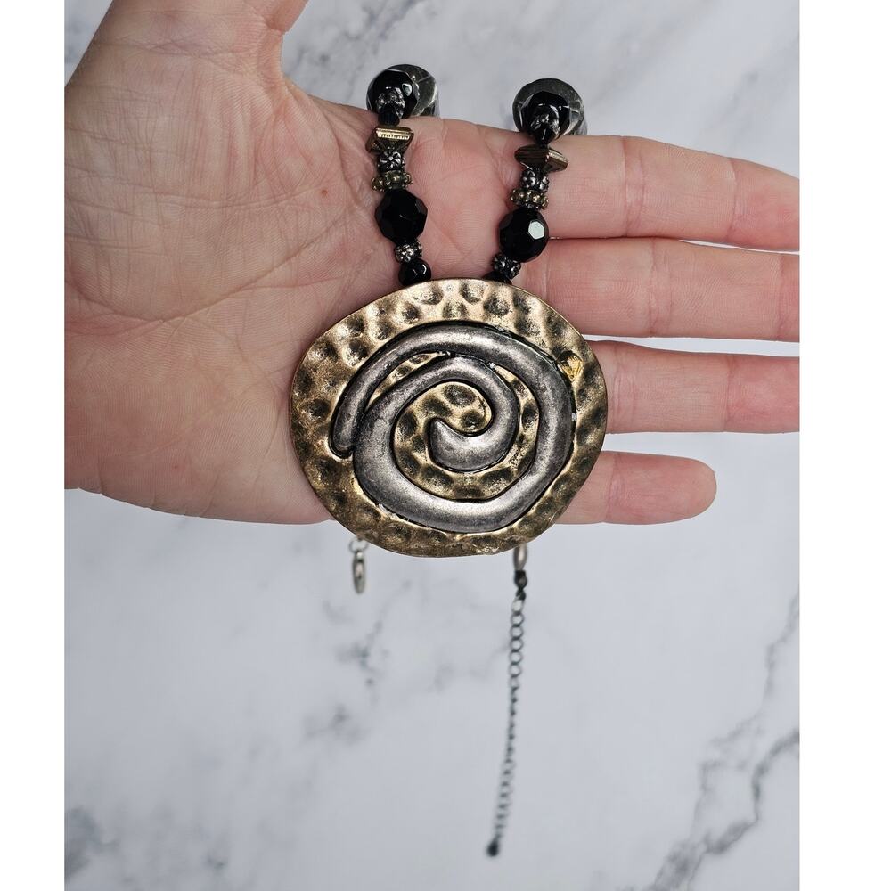 Vintage Mixed Metal Spiral Pendant Black Bead Statement Necklace